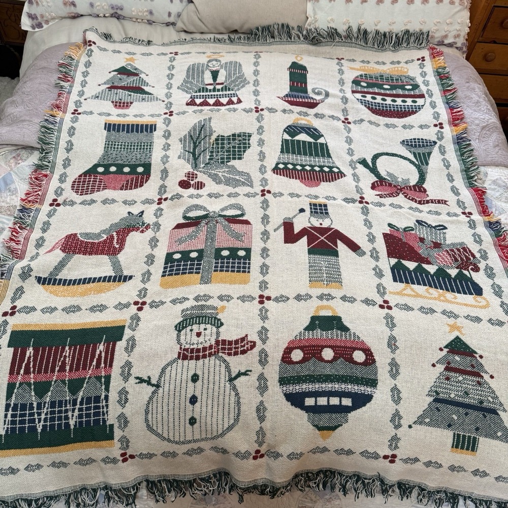 Vintage Tapestry Woven‎ Throw Holly Stockings Snowman Blanket Holiday Christmas